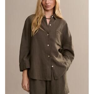 Jenni Kayne Women's Dark Moss Linen Logan Shirt Size L